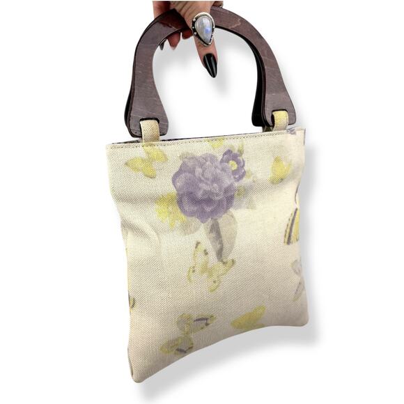 90's woven linen butterfly floral wood handle bag by FASHION EXPRESS ORIGINAL - Picture 13 of 16